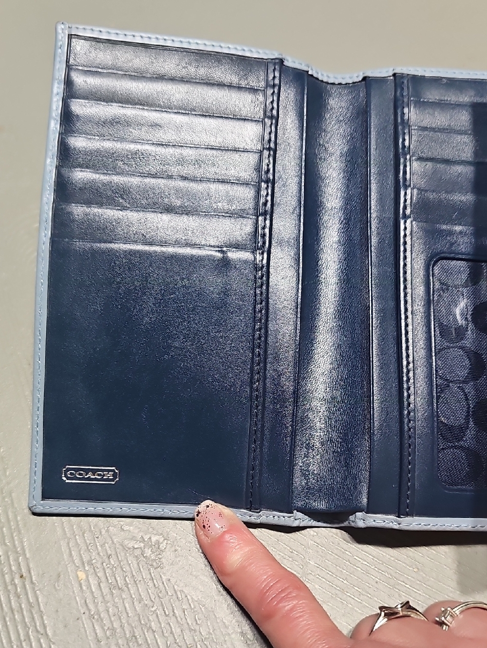 Coach Bags Vintage Blue Leather Trifold Wallet Zip Coin Change Monogram Lining - Picture 9 of 13